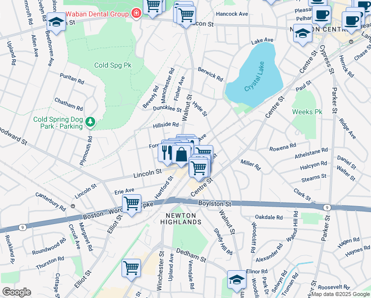 map of restaurants, bars, coffee shops, grocery stores, and more near 1150-1152 Walnut Street in Newton