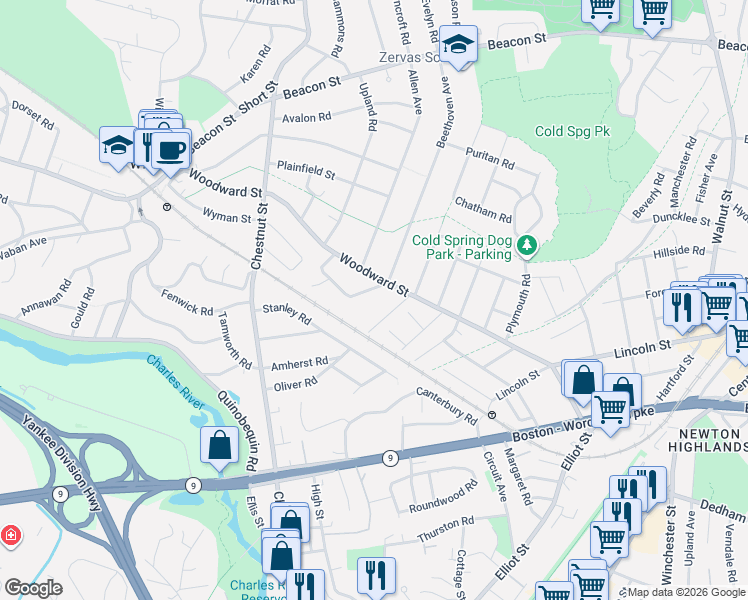 map of restaurants, bars, coffee shops, grocery stores, and more near 25 Orchard Avenue in Newton