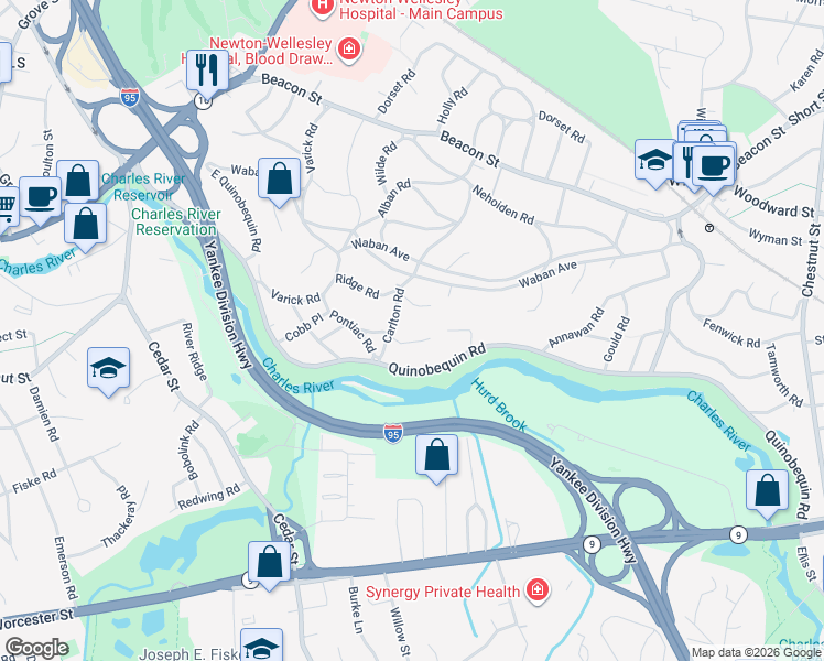 map of restaurants, bars, coffee shops, grocery stores, and more near 180 Carlton Road in Newton