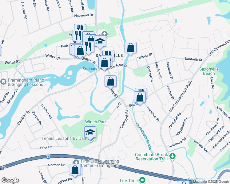 map of restaurants, bars, coffee shops, grocery stores, and more near 1555 Concord Street in Framingham