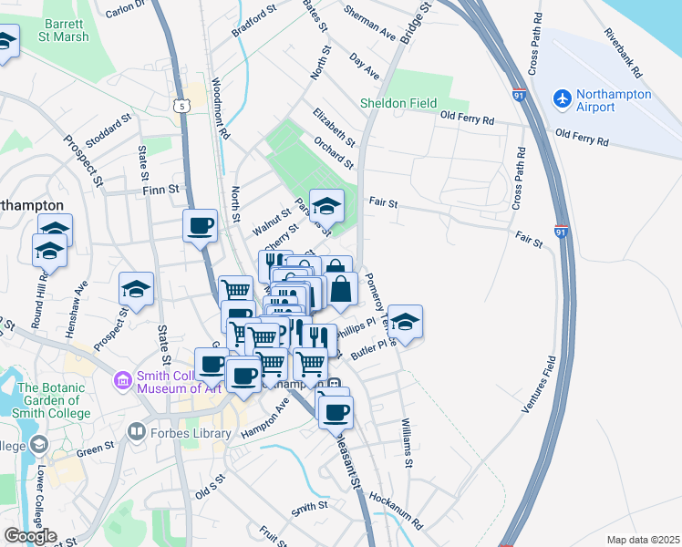 map of restaurants, bars, coffee shops, grocery stores, and more near 87 Bridge Street in Northampton