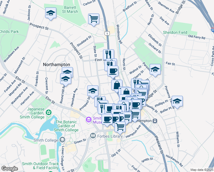 map of restaurants, bars, coffee shops, grocery stores, and more near 7 Park Avenue in Northampton