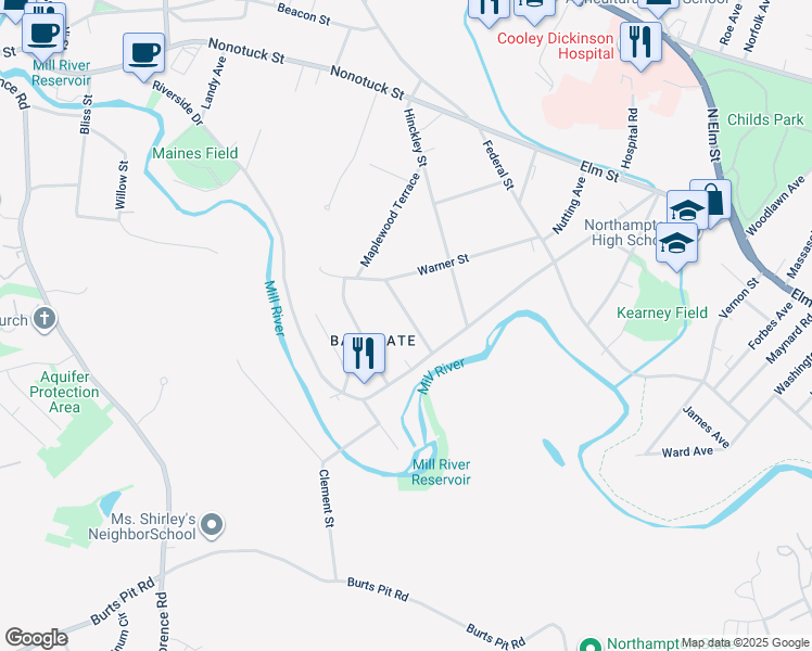 map of restaurants, bars, coffee shops, grocery stores, and more near 20 Norwood Avenue in Northampton
