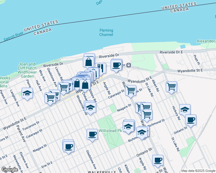 map of restaurants, bars, coffee shops, grocery stores, and more near 708 Argyle Road in Windsor