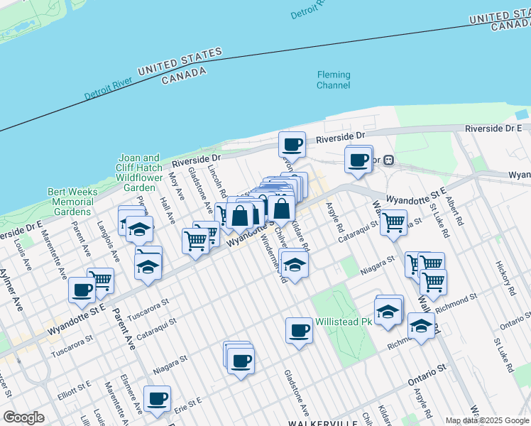 map of restaurants, bars, coffee shops, grocery stores, and more near 1778 Wyandotte Street East in Windsor