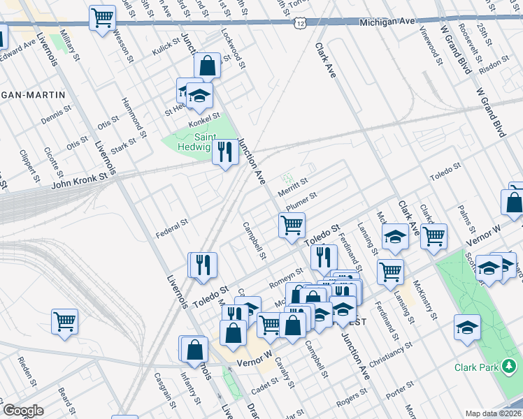 map of restaurants, bars, coffee shops, grocery stores, and more near 5640 Plumer Street in Detroit