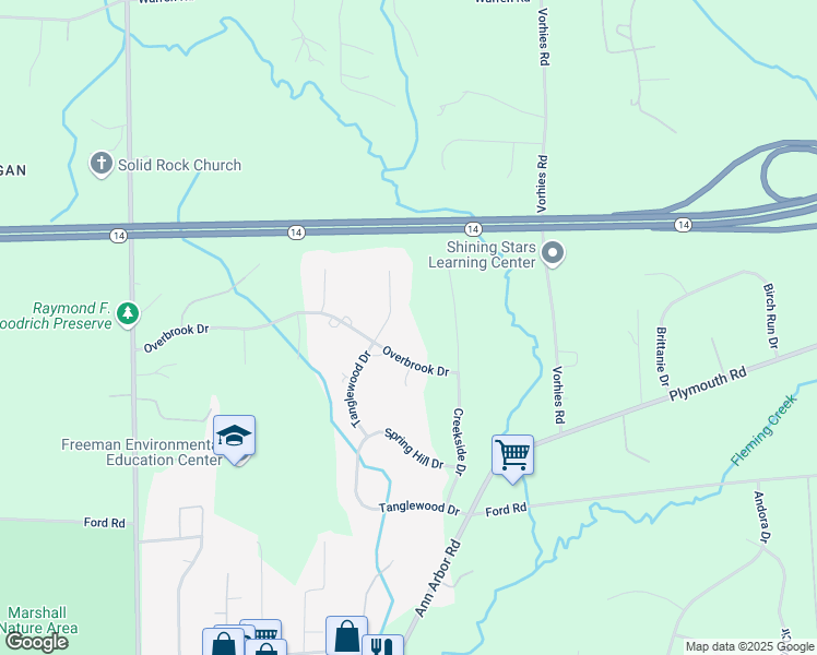 map of restaurants, bars, coffee shops, grocery stores, and more near 5619 Overbrook Drive in Ann Arbor