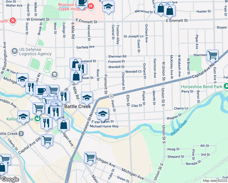 map of restaurants, bars, coffee shops, grocery stores, and more near 217 Capital Avenue Northeast in Battle Creek