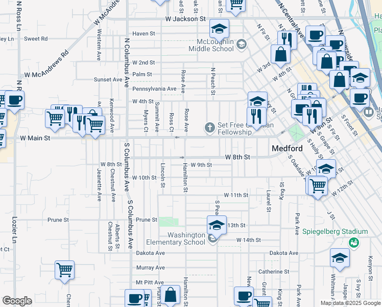 map of restaurants, bars, coffee shops, grocery stores, and more near 1154 West 8th Street in Medford