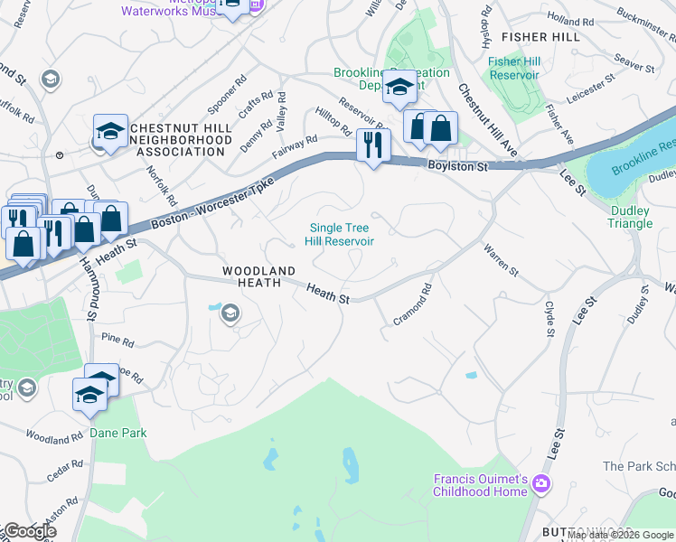 map of restaurants, bars, coffee shops, grocery stores, and more near 130 Cabot Street in Brookline