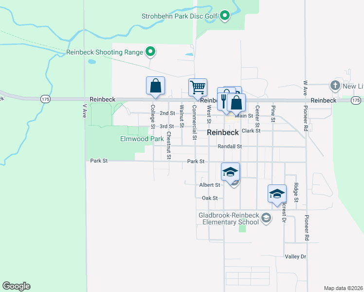 map of restaurants, bars, coffee shops, grocery stores, and more near Walnut Street in Reinbeck