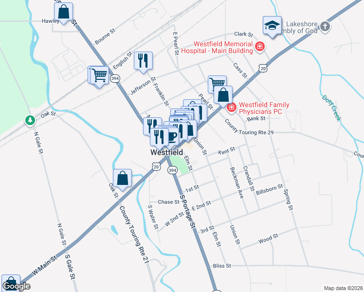 map of restaurants, bars, coffee shops, grocery stores, and more near 7 Elm Street in Westfield