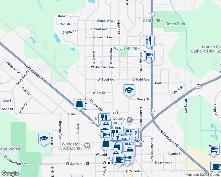 map of restaurants, bars, coffee shops, grocery stores, and more near 815 Wheeler Street in Woodstock