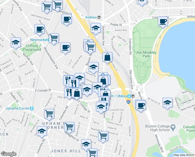 map of restaurants, bars, coffee shops, grocery stores, and more near 22 Harvest Street in Boston