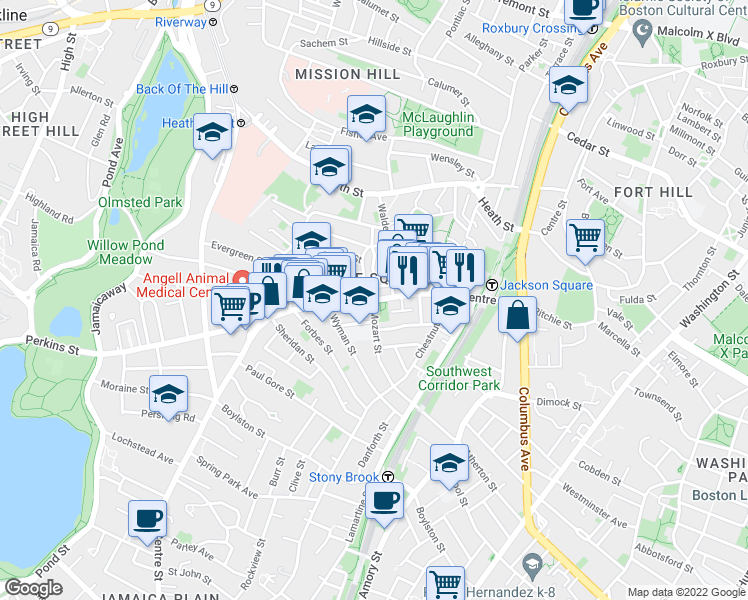 map of restaurants, bars, coffee shops, grocery stores, and more near Centre St & Mozart St in Boston