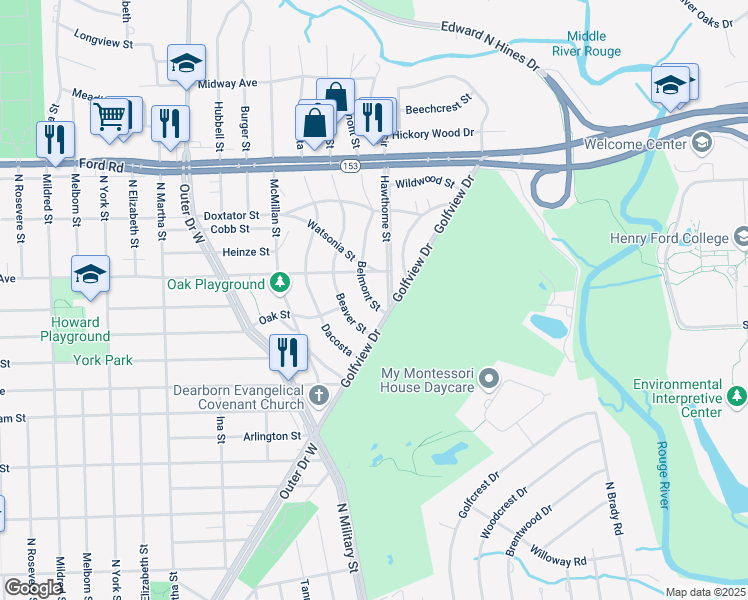 map of restaurants, bars, coffee shops, grocery stores, and more near 1414 Belmont Street in Dearborn
