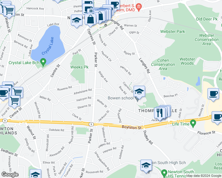 map of restaurants, bars, coffee shops, grocery stores, and more near 81 Ridge Avenue in Newton