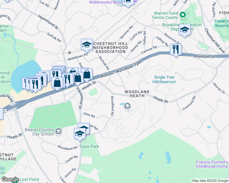 map of restaurants, bars, coffee shops, grocery stores, and more near 409 Heath Street in Brookline