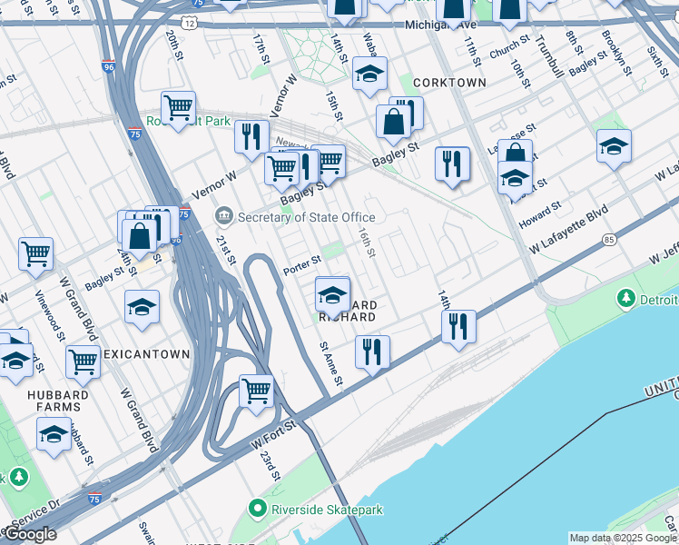 map of restaurants, bars, coffee shops, grocery stores, and more near 1300 18th St in Detroit
