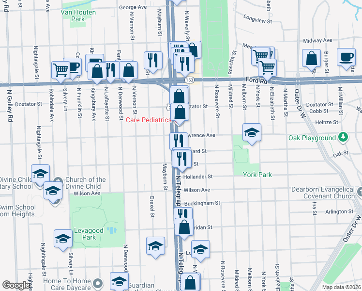 map of restaurants, bars, coffee shops, grocery stores, and more near 1620 North Telegraph Road in Dearborn