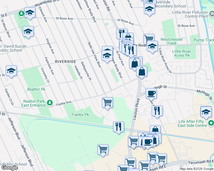 map of restaurants, bars, coffee shops, grocery stores, and more near 1283 Belle Isle View Boulevard in Windsor