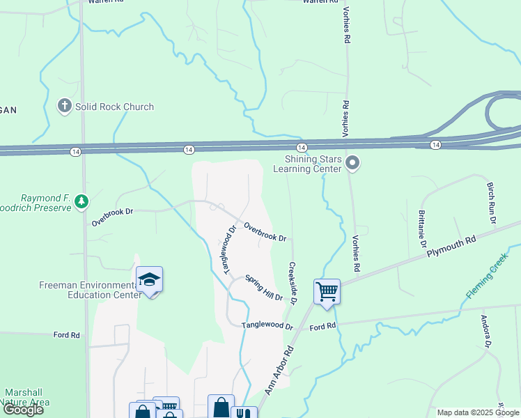 map of restaurants, bars, coffee shops, grocery stores, and more near 5619 Overbrook Drive in Ann Arbor