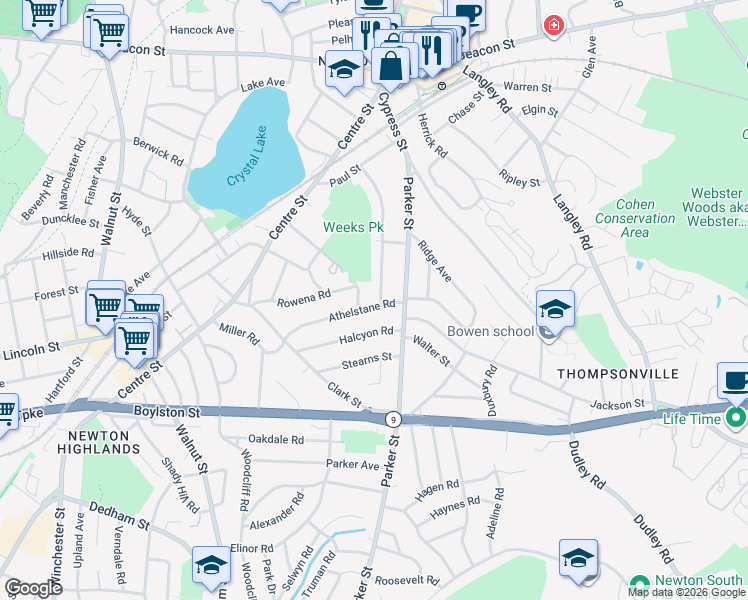 map of restaurants, bars, coffee shops, grocery stores, and more near 129 Oxford Road in Newton
