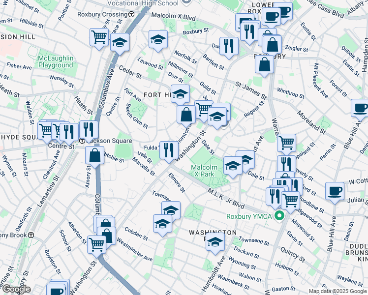 map of restaurants, bars, coffee shops, grocery stores, and more near 2757 Washington Street in Boston