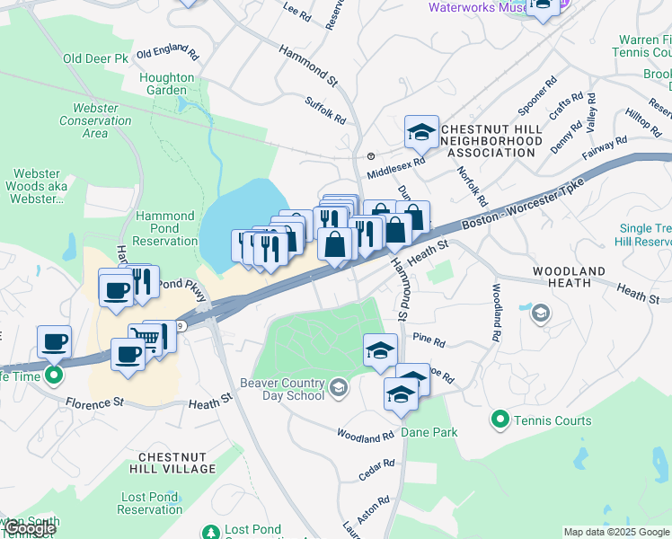 map of restaurants, bars, coffee shops, grocery stores, and more near Massachusetts 9 in Newton