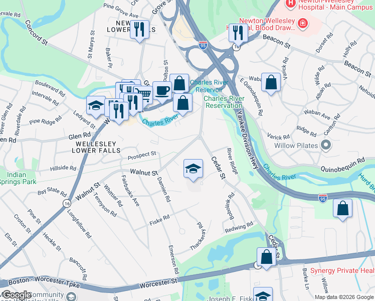 map of restaurants, bars, coffee shops, grocery stores, and more near 128 Walnut Street in Wellesley
