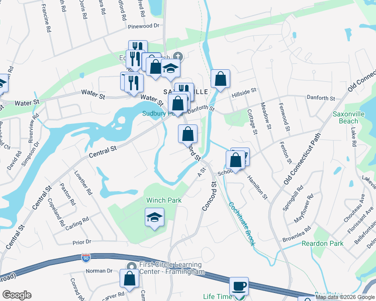 map of restaurants, bars, coffee shops, grocery stores, and more near 2 Watson Place in Framingham