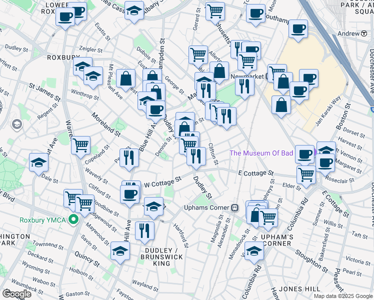 map of restaurants, bars, coffee shops, grocery stores, and more near 504 Dudley Street in Boston