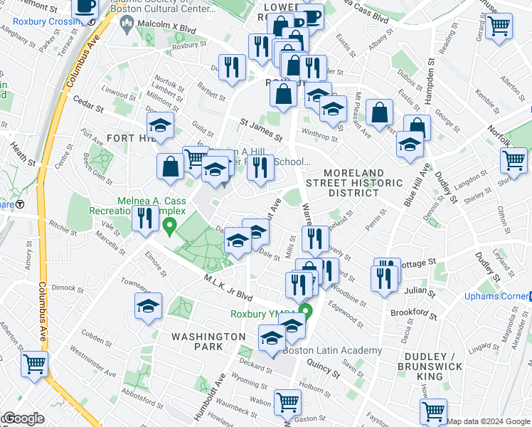 map of restaurants, bars, coffee shops, grocery stores, and more near 71 Walnut Avenue in Boston