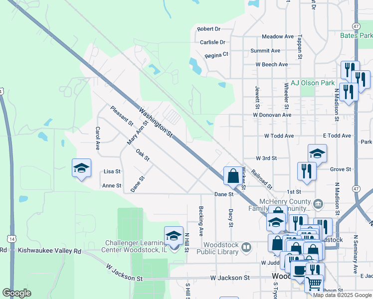 map of restaurants, bars, coffee shops, grocery stores, and more near 669 Washington Street in Woodstock