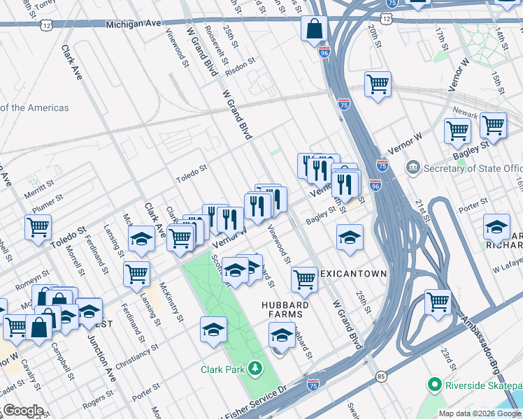 map of restaurants, bars, coffee shops, grocery stores, and more near Vinewood Street in Detroit