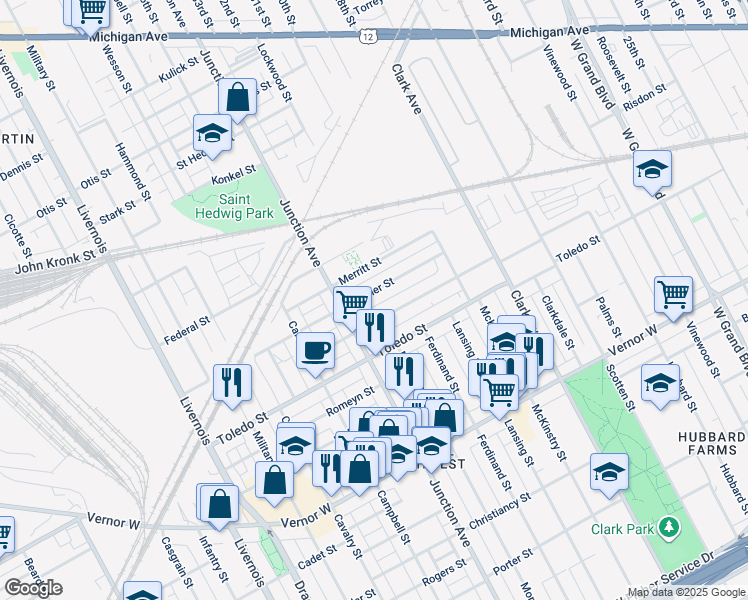 map of restaurants, bars, coffee shops, grocery stores, and more near 4825 Plumer Street in Detroit