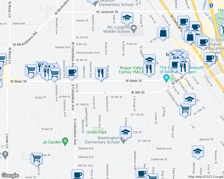 map of restaurants, bars, coffee shops, grocery stores, and more near 1148 West 8th Street in Medford