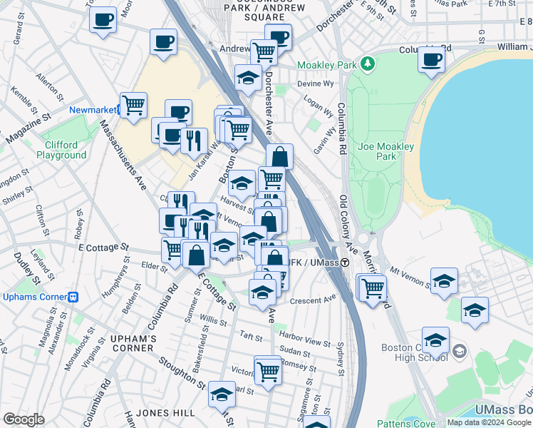 map of restaurants, bars, coffee shops, grocery stores, and more near 834 Dorchester Avenue in Boston