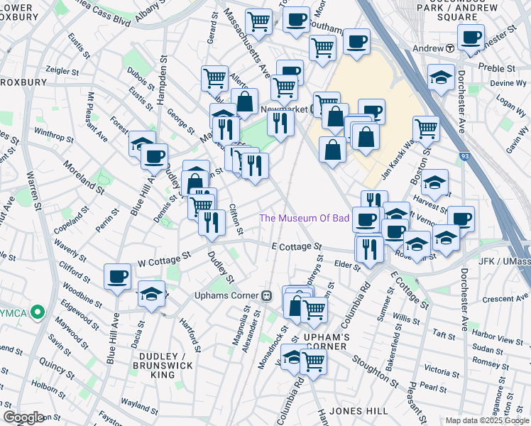 map of restaurants, bars, coffee shops, grocery stores, and more near 23 Robey Street in Boston