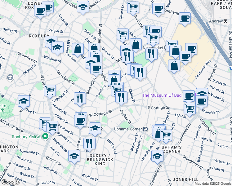 map of restaurants, bars, coffee shops, grocery stores, and more near 509A Dudley Street in Boston