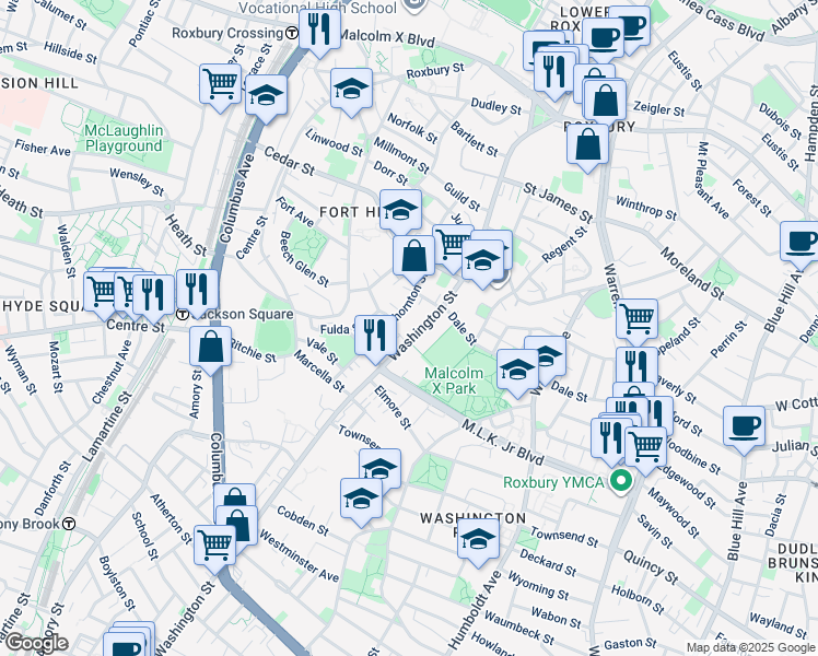 map of restaurants, bars, coffee shops, grocery stores, and more near 2757 Washington Street in Boston