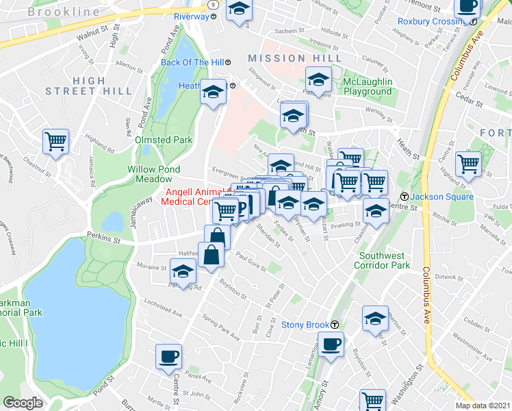 map of restaurants, bars, coffee shops, grocery stores, and more near 386-386A Centre Street in Boston