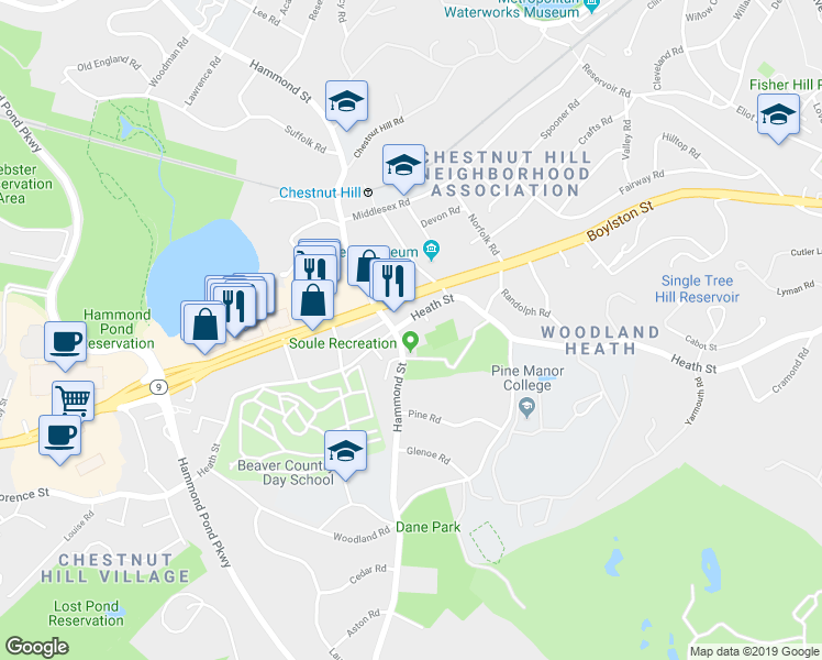 map of restaurants, bars, coffee shops, grocery stores, and more near 644 Hammond Street in Brookline