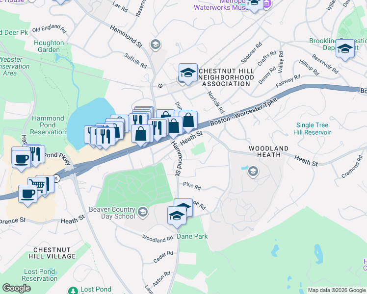 map of restaurants, bars, coffee shops, grocery stores, and more near 644 Hammond Street in Brookline