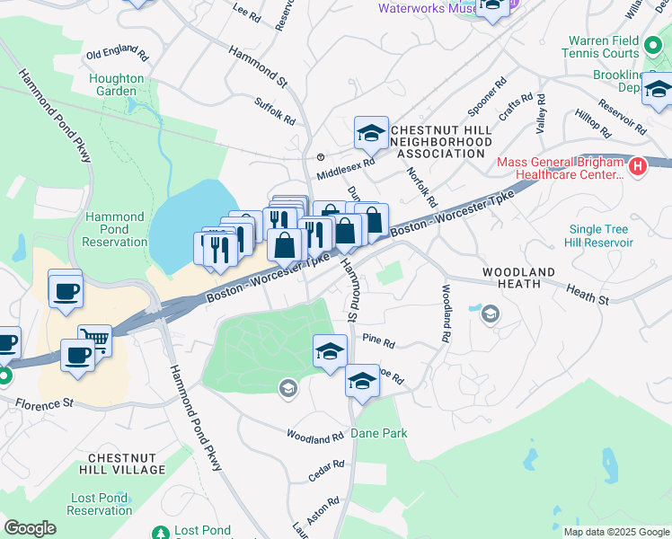 map of restaurants, bars, coffee shops, grocery stores, and more near 22 Sheafe Street in Brookline