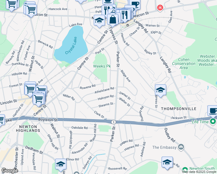 map of restaurants, bars, coffee shops, grocery stores, and more near 40 Athelstane Road in Newton