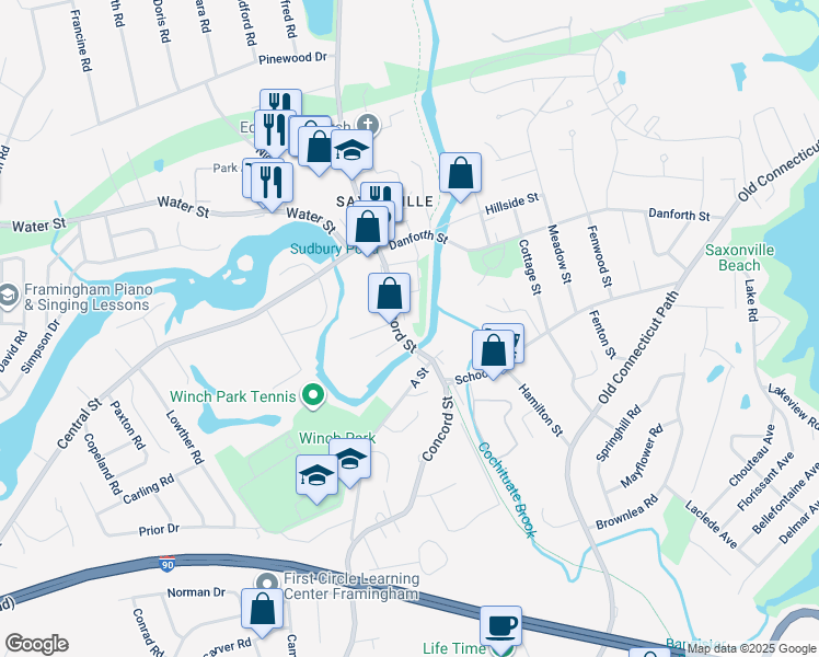 map of restaurants, bars, coffee shops, grocery stores, and more near 1555 Concord Street in Framingham