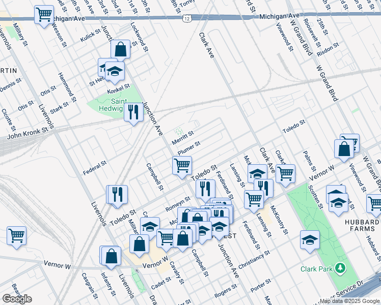 map of restaurants, bars, coffee shops, grocery stores, and more near 4825 Plumer Street in Detroit