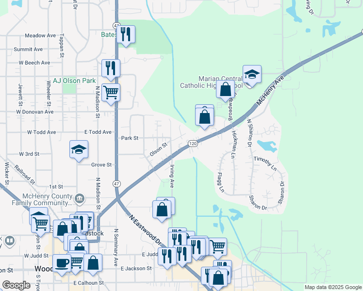 map of restaurants, bars, coffee shops, grocery stores, and more near 640 McHenry Avenue in Woodstock