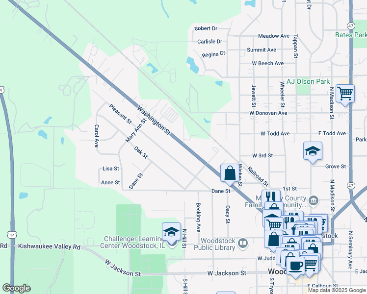 map of restaurants, bars, coffee shops, grocery stores, and more near 669 Washington Street in Woodstock